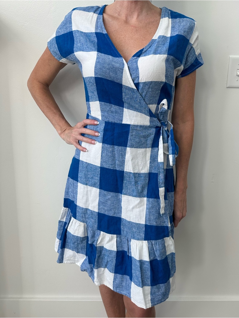 Blue and White Gingham Wrap Dress